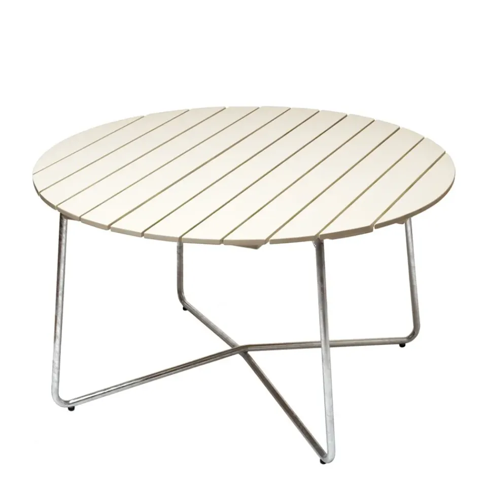 Grythyttan Stålmöbler Table For Outdoor Use*9A dining table, lacq. oak-hot-dip galvanized stand Ø120 cm White