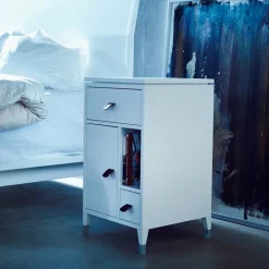 Mavis Bedside Tables*Abisko low leg bedside table, , handle in brown elk leather White