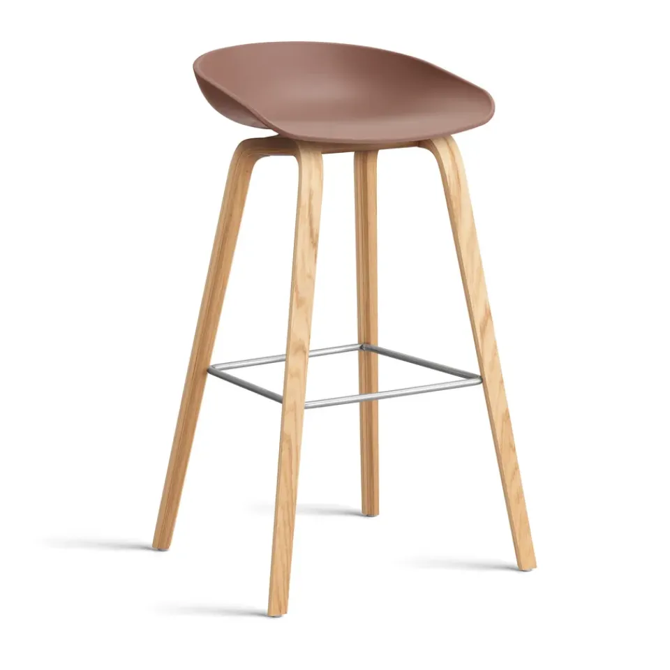 HAY Bar Stools*About a Stool AAL32 High 2.0 bar stool lacque oak base, Soft brick-stainless steel footrest Red