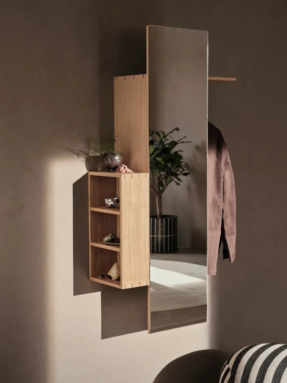 Ferm Living Hat Rack & Hat Shelves*Bon hallway cabinet coat rack with mirror, Oiled Oak Brown