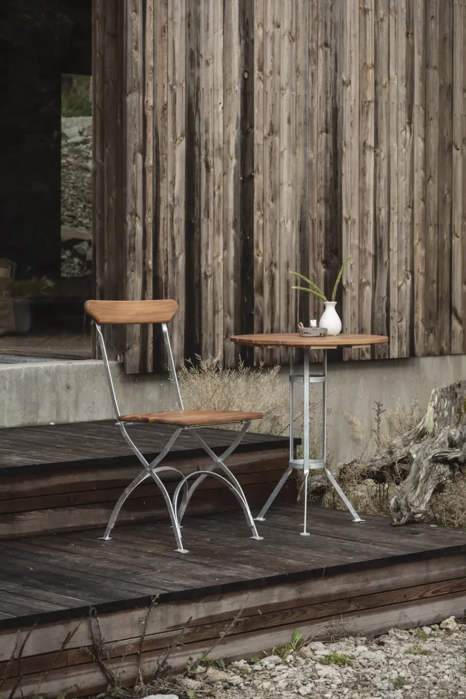 Grythyttan Stålmöbler Balcony Furniture|Table For Outdoor Use*Bryggeri tripod table, Teak-hot-dip galvanized stand Brown