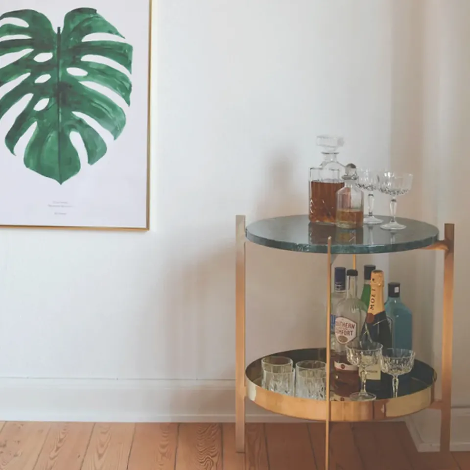 OX Denmarq Side Tables*Deck tray table, teak. black stand. white marbleshelf Brown