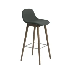 Muuto Bar Stools*Fiber barstool with backrest 65 cm, Fabric twill weave 990 dark -brown stained oak legs Green