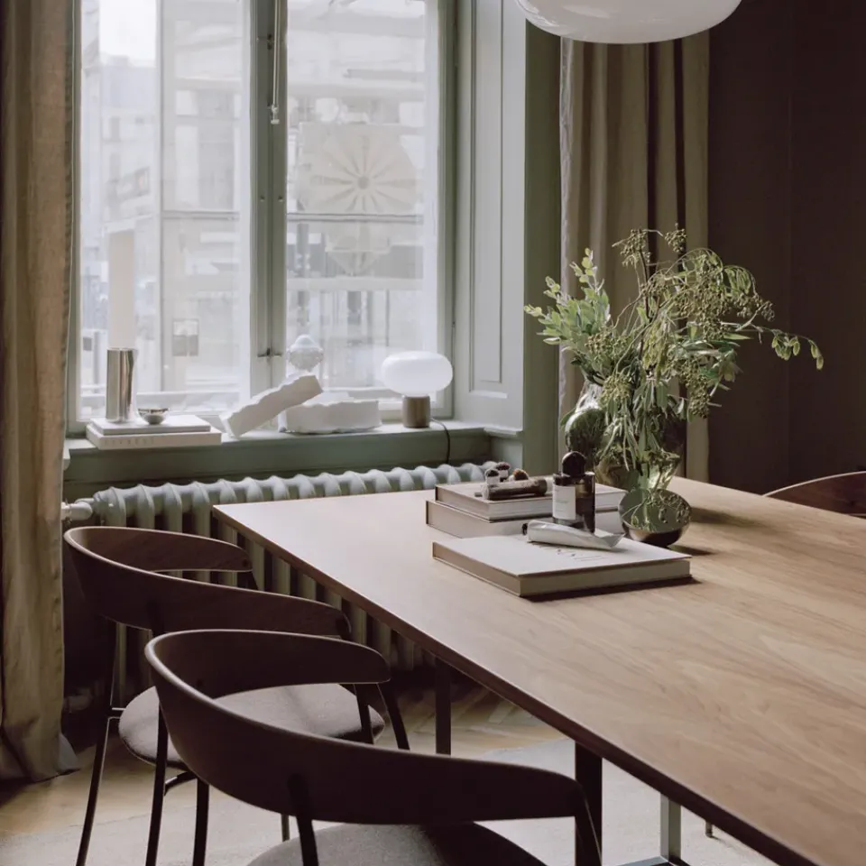 New Works Dining Tables*Florence rectangular dining table, Smoked oak. black stand Beige