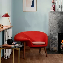 Warm Nordic Armchairs & Footstools*Fried Egg armchair, Fabric hero 551 apple , oiled teak legs Red