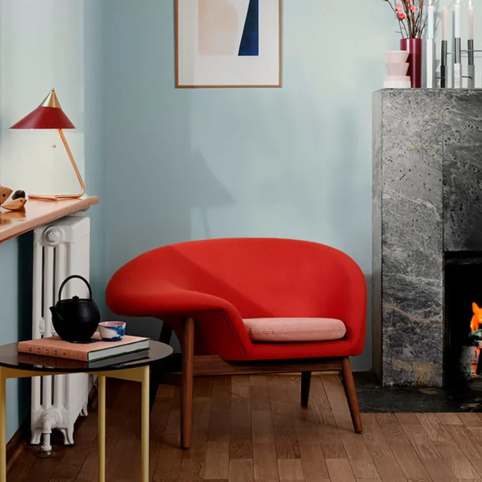 Warm Nordic Armchairs & Footstools*Fried Egg armchair, Fabric hero 551 apple , oiled teak legs Red