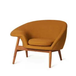 Warm Nordic Armchairs & Footstools*Fried Egg armchair, Fabric canvas 424 dark ochre, oiled teak legs Yellow