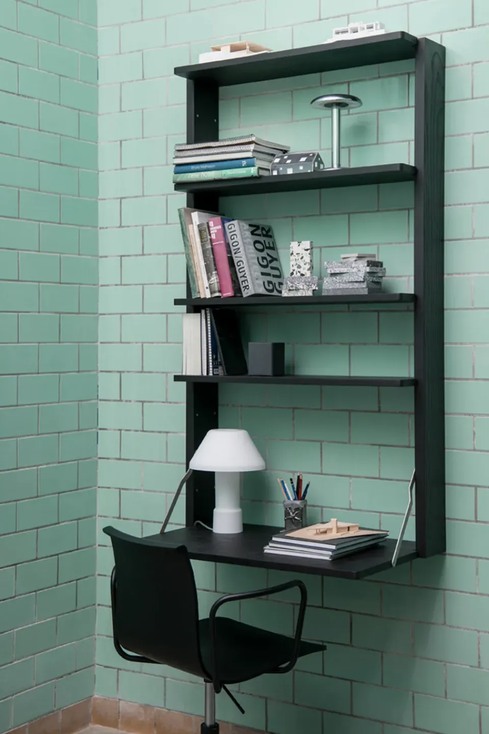Massproductions Desks*Gridlock - M1-A4-0-D shelf with writing table, stained Ash Black