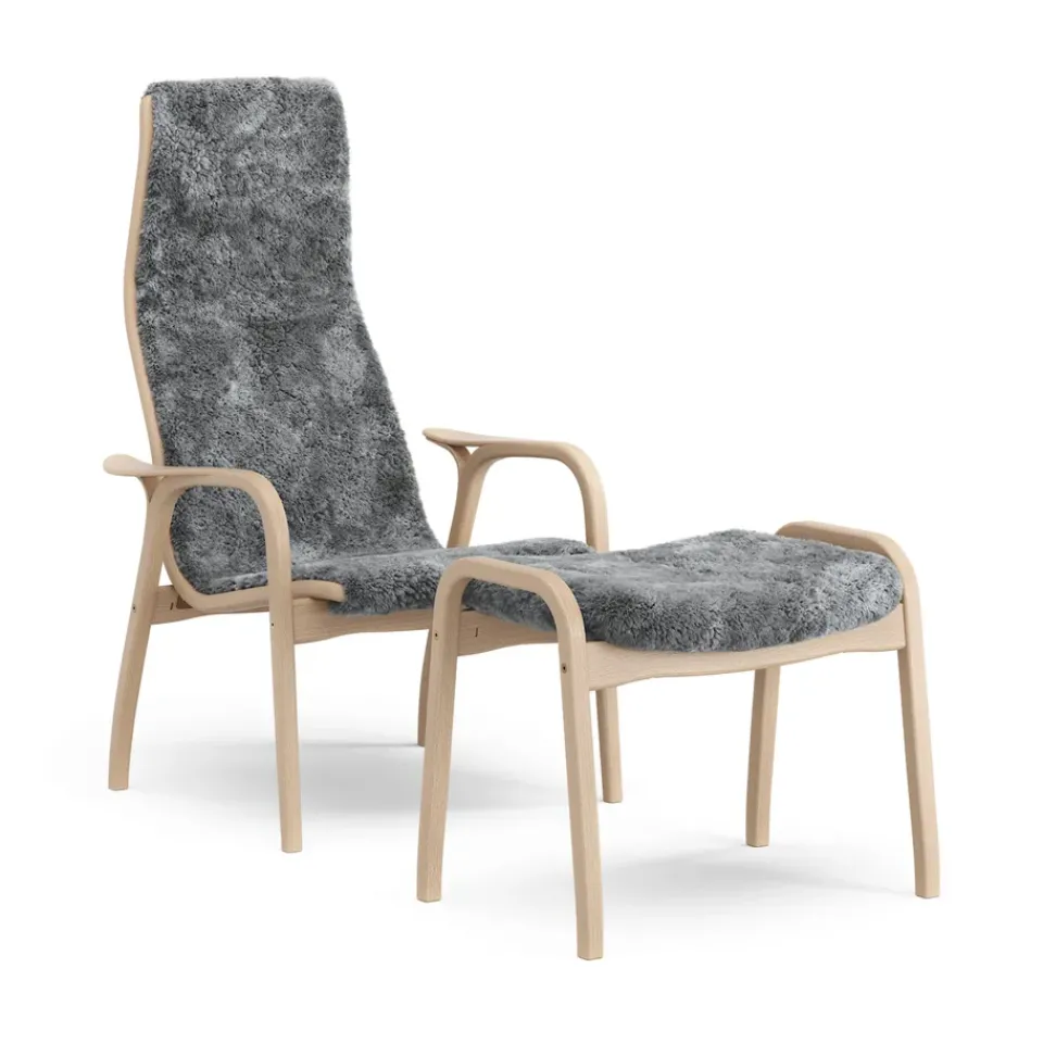 Swedese Armchairs & Footstools*Lamino armchair and footstool varnished beech/sheepskin, Scandinavian Grey