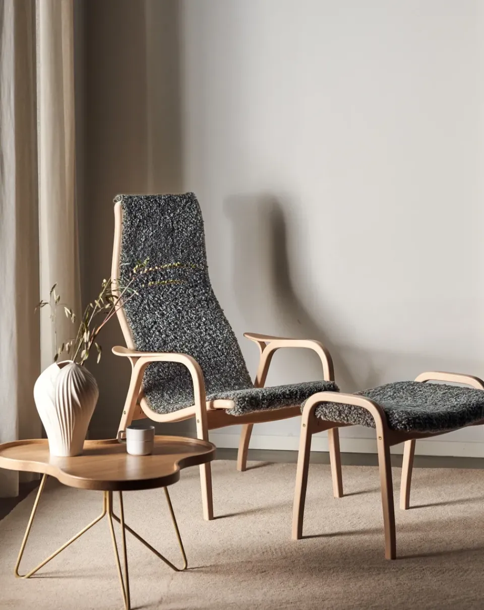 Swedese Armchairs & Footstools*Lamino armchair and footstool varnished beech/sheepskin, Scandinavian Grey