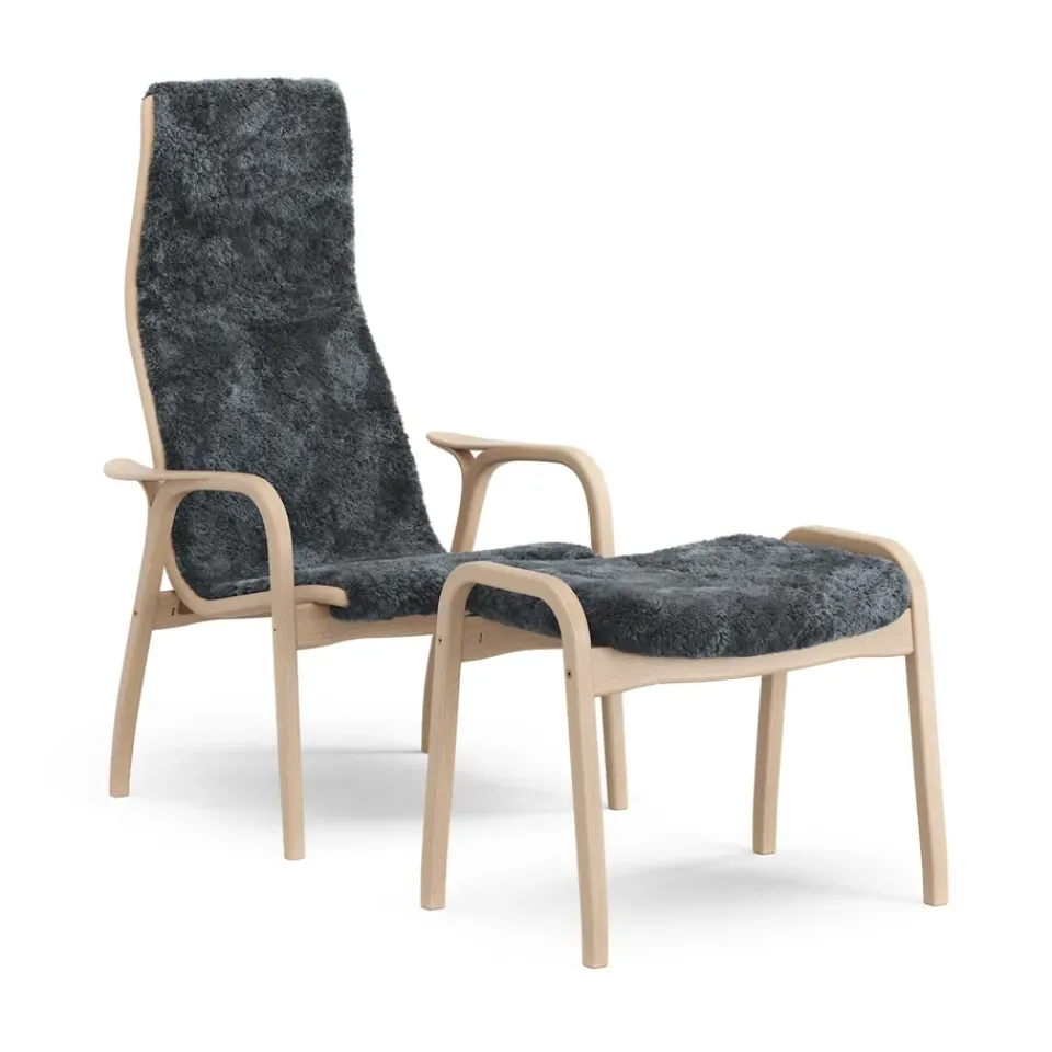 Swedese Armchairs & Footstools*Lamino armchair and footstool varnished beech/sheepskin, Charcoal (dark ) Grey