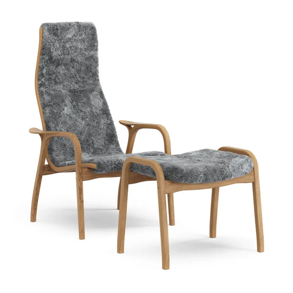 Swedese Armchairs & Footstools*Lamino armchair and footstool oiled oak/sheepskin, Scandinavian Grey