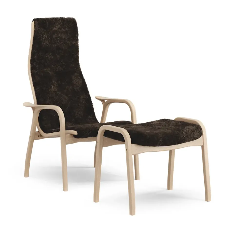 Swedese Armchairs & Footstools*Lamino armchair and footstool varnished beech/sheepskin, Espresso Brown