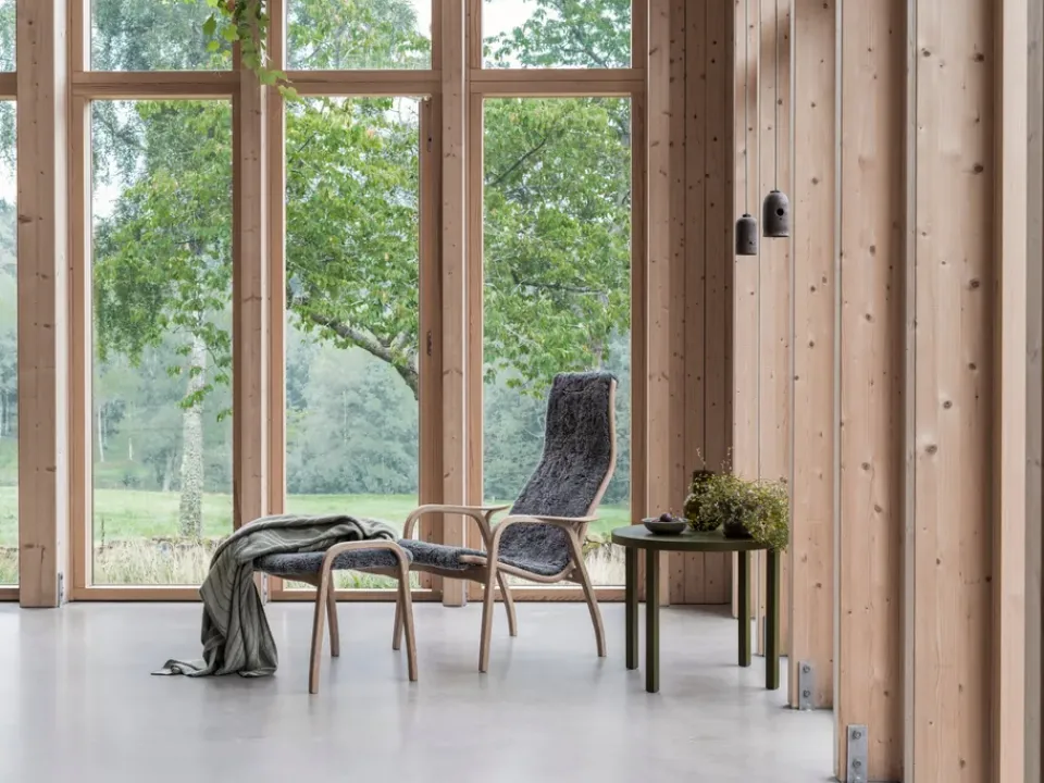 Swedese Armchairs & Footstools*Lamino armchair and footstool oiled oak/sheepskin, Moonlight Beige