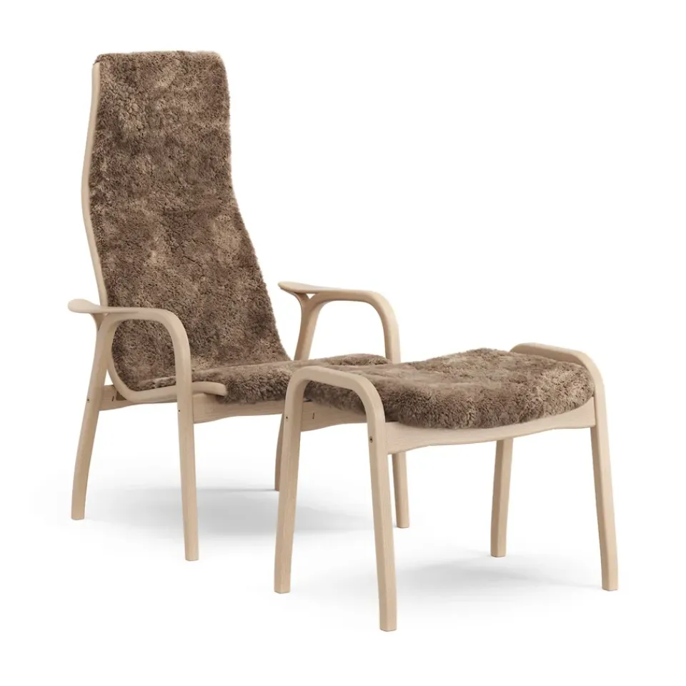 Swedese Armchairs & Footstools*Lamino armchair and footstool varnished beech/sheepskin, Sahara (nougat-) Brown