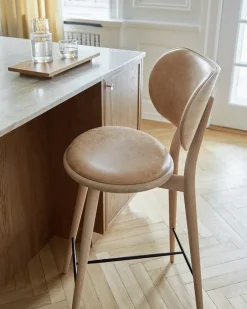 Mater Bar Stools*High Stool Backrest barstool low, leather natural, matt varnished oak stand Beige