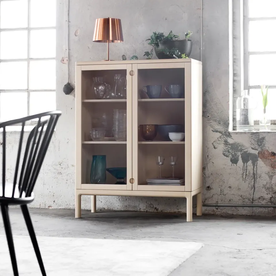 Stolab Display & Glass Cabinets*Prio cabinet high, Birch white oiled. glass door Beige