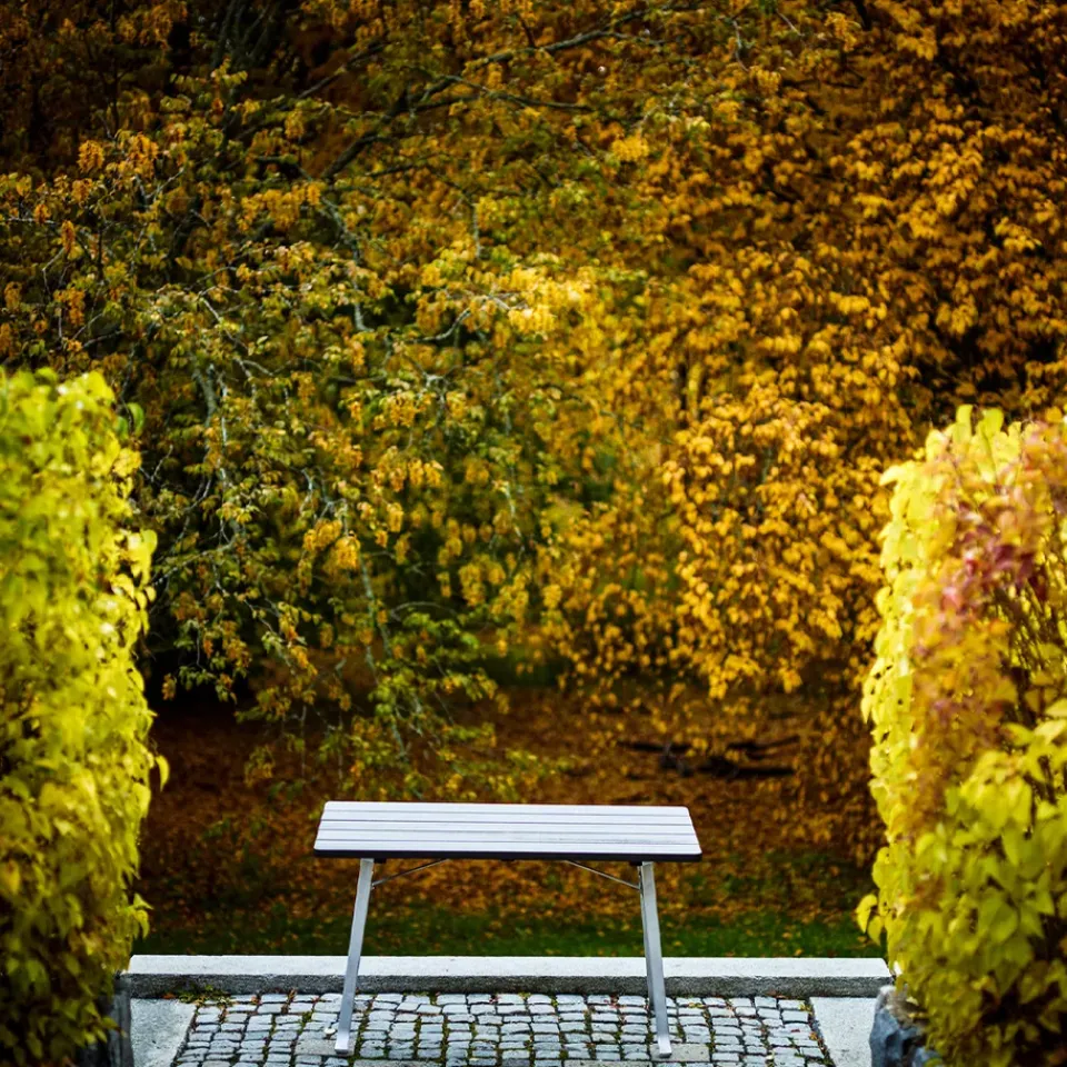 Byarums bruk Table For Outdoor Use*Seriff table, Mahogany oil, raw aluminum stand BrownSilver-coloured