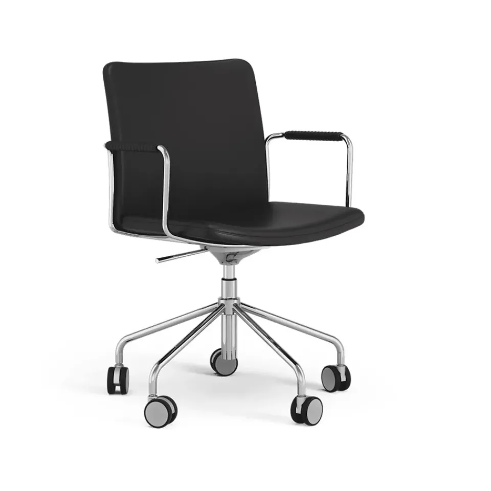 Swedese Office Chairs*Stella office chair can be raised/lowered with tilt, Leather elmosoft 99999 , chrome stand, leather-covered armrests, flexible back Black