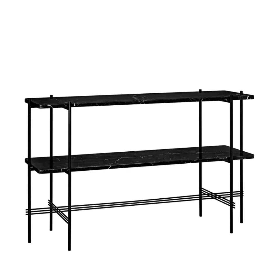 GUBI Side Tables*TS Console table 120x30x72 cm, marquina marble, legs, 2 marble shelves Black