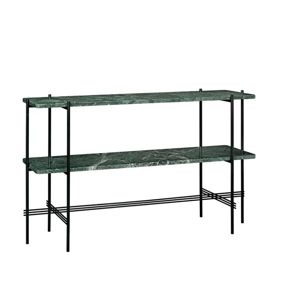 GUBI Side Tables*TS Console table 120x30x72 cm, guatemala marble, black legs, 2 marble shelves Green
