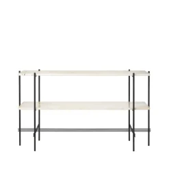 GUBI Side Tables*TS Console table 120x30x72 cm, Natural travertine, black legs, 2 marble shelves White
