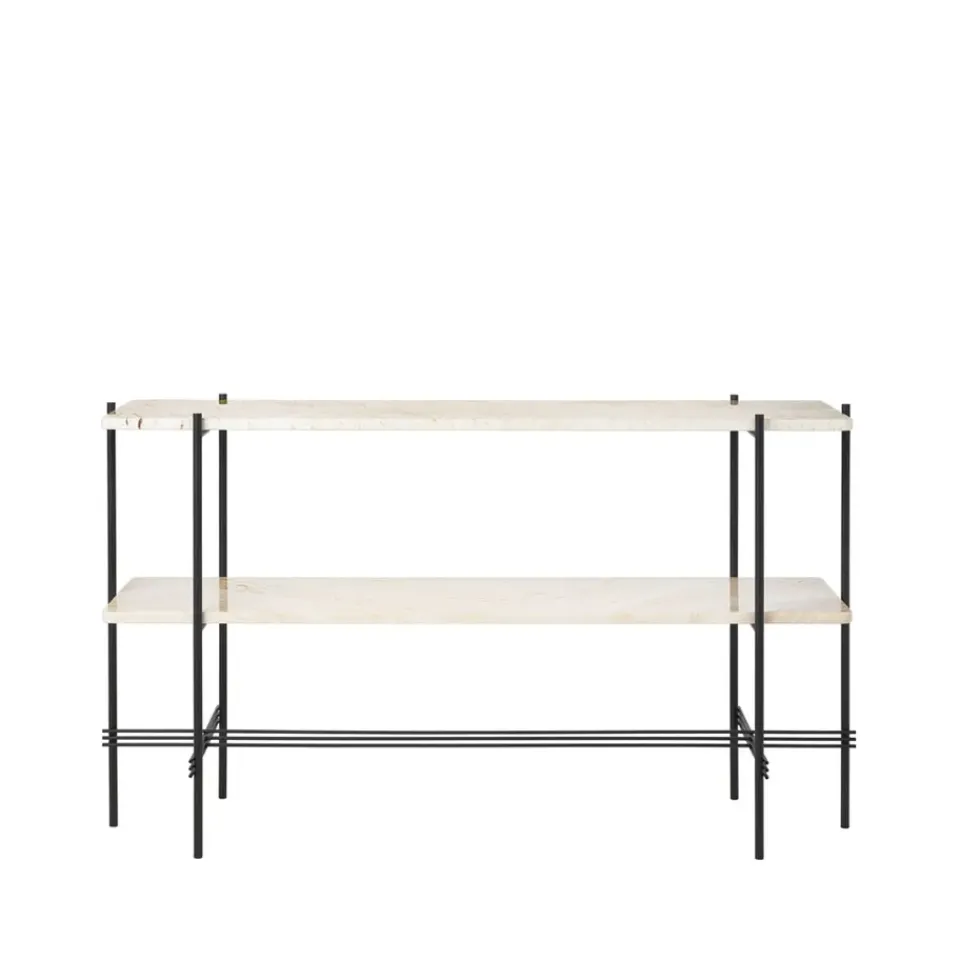 GUBI Side Tables*TS Console table 120x30x72 cm, Natural travertine, black legs, 2 marble shelves White