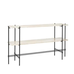 GUBI Side Tables*TS Console table 120x30x72 cm, Natural travertine, black legs, 2 marble shelves White