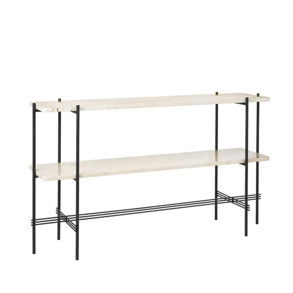 GUBI Side Tables*TS Console table 120x30x72 cm, Natural travertine, black legs, 2 marble shelves White