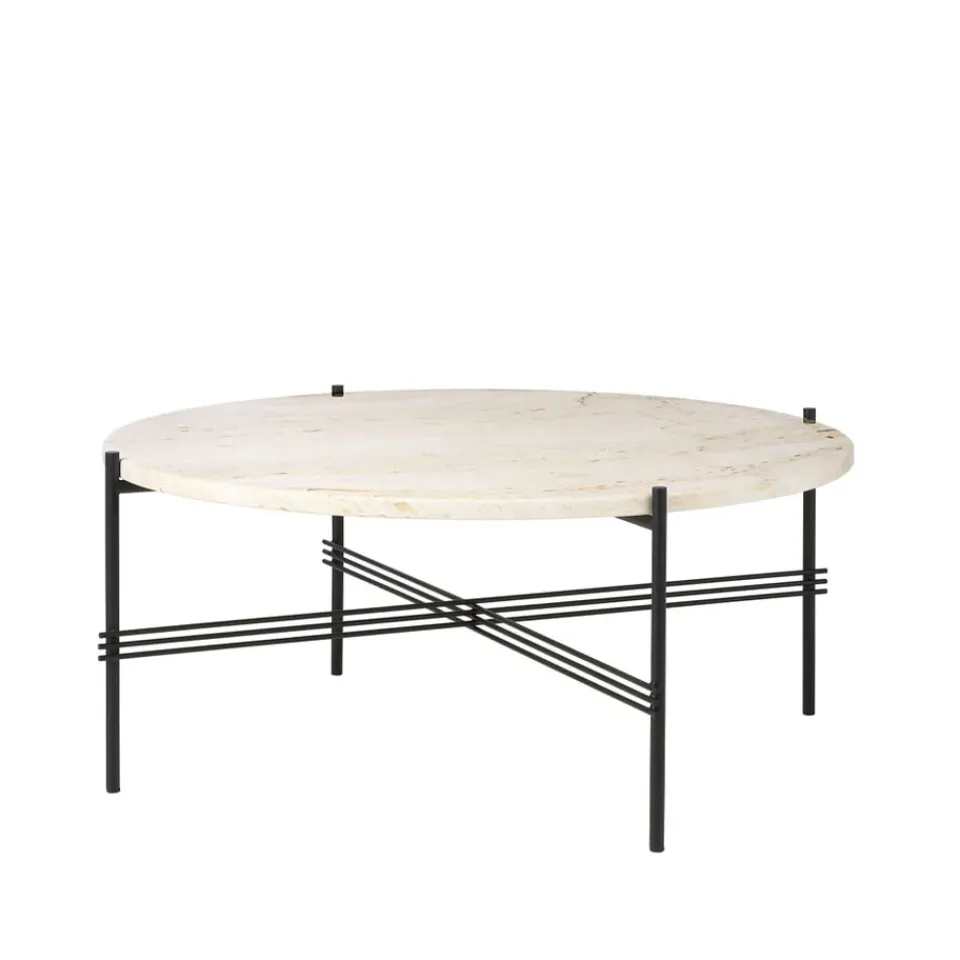 GUBI Coffee Tables*TS Round coffee table, Natural travertine, ø80, black stand White