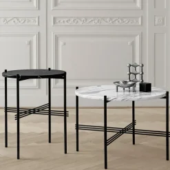 GUBI Coffee Tables*TS Round coffee table, Natural travertine, ø55, black stand White