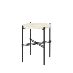 GUBI Side Tables*TS Round side table, Natural travertine, ø40, black stand White