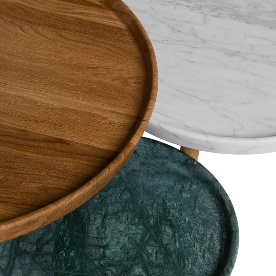 Stolab Side Tables*Tureen nesting table, Marble . ø52cm. natural oiled oak legs White